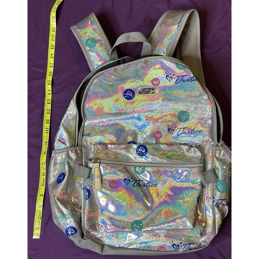 Justice NWOT Girls Laptop Backpack Iridescent‎ Silver/Multi Bookbag